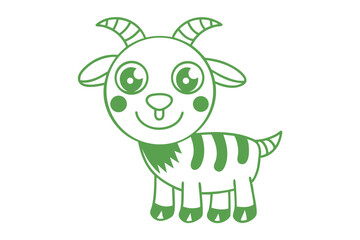 Charming cartoon goat presents an adorable outline with a whimsical and playful green aesthetic