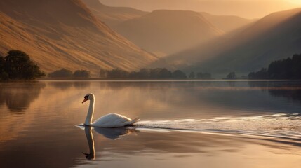 Serene swan gracefully gliding across calm lake surrounded by misty mountains at sunrise.