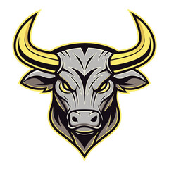 Powerful Gray Bull Mascot Head, Vector Illustration, Fierce Expression, Golden Horns,  Bold Graphic Design,  Sport Team Logo,  Intense Gaze,  Aggressive Posture,  Strong Symbol,  White Background.