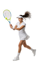 Dynamic portrait of young teen girl, tennis player in sports uniform. sport, fashion, motivation, education ,achievement, running, fitness, summer sports. tennis woman on transparent background. 