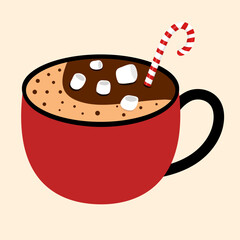 Christmas Hot Chocolate Mug with Marshmallows and Candy Cane – Cozy Winter Drink Illustration