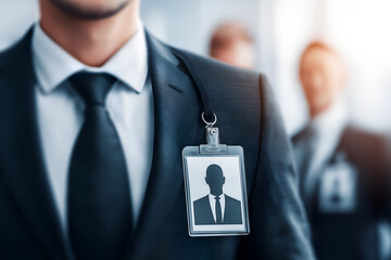 Man in Navy Suit Wearing Badge in Bright Office Setting. Mock up promotion information for marketing announcements and details, blank white space.