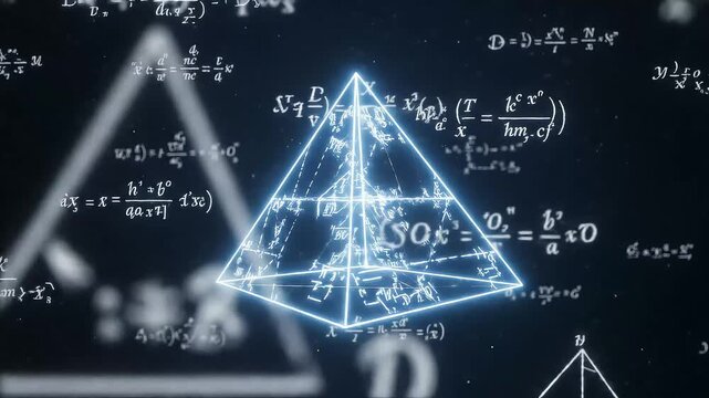 Dynamic scientific formulas and glowing geometric shapes illuminate a futuristic digital display for innovation and learning