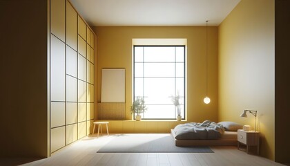 Empty of a room with window and bedroom minimal style clean yellow color