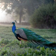 Peacock with feathers out closeup photography concept 