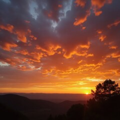 Vivid Sunset Over Rolling Hills and Distant Horizon