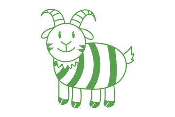 Cartoonish green goat stands smiling with striped body against a white background