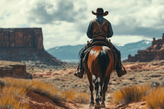 Texan cowboy riding horseback across the wide desert.