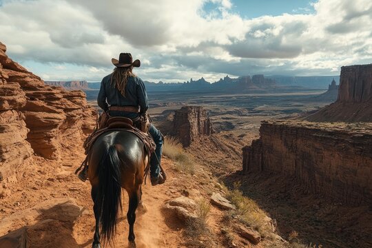 Cowboy on horse traveling through vast Texas desert landscape. - Powered by Adobe