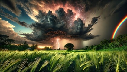 Storm over grass landscape field with clouds and rainbow concept