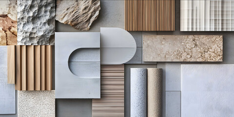 Create a highresolution mood board for a sustainable architecture project featuring a mix of innovative and natural materials Include translucent tensile membra