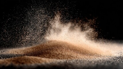 Fine powder explosion with dust clouds and particles flying in slow motion against black background.