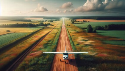 Landing aeroplane aircraft plane on field nature over sunset concept landscape