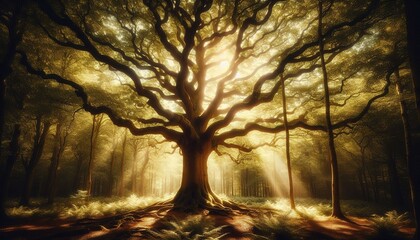 Sunset in the woods with big tree nature environment concept