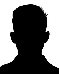 Monochrome Silhouette of a Person Head and Shoulders on White Background. Mock up promotion information for marketing announcements and details, blank white space.