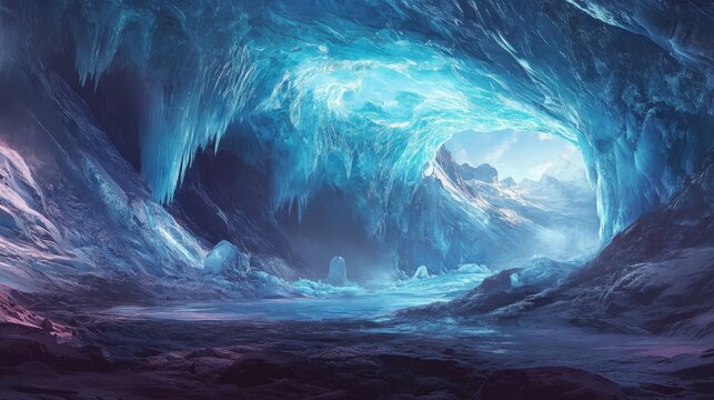 Frozen cavern interior with icy formations.
