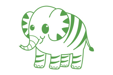 Adorable line art elephant features a bright green outline against a white backdrop