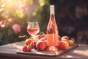 Bottle of rose wine resting on a rustic wooden table, accompanied by a glass filled with refreshing pink liquid and fresh summer fruits.