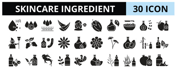 30 Skincare Ingredient Glyph Icons Vector -  Niacinamide, Collagen, Ginseng, Rosemary Oil, Centella Asiatica, Hyaluronic Acid