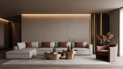 Luxurious modern living room with sectional sofa accent chair and stylish coffee table illuminated by soft lighting