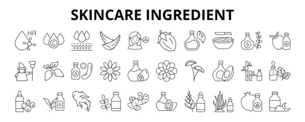 30 Skincare Ingredient Line Icons Vector -  Niacinamide, Collagen, Ginseng, Rosemary Oil, Centella Asiatica, Hyaluronic Acid