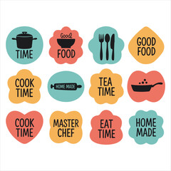 Cooking and Food Icons in Teal Orange and Yellow on White Background