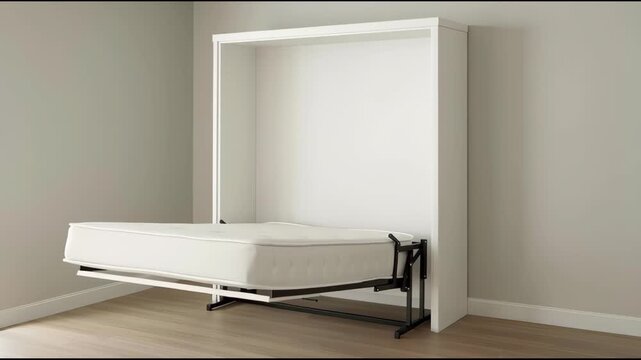 A murphy bed partially folded down from a wall-mounted cabinet, creating usable sleeping space in a room.