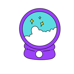 A purple and blue glass globe with stars and clouds