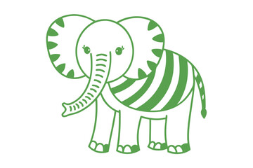 Cute cartoon elephant outlined in green with stripes and happy eyes stands smiling