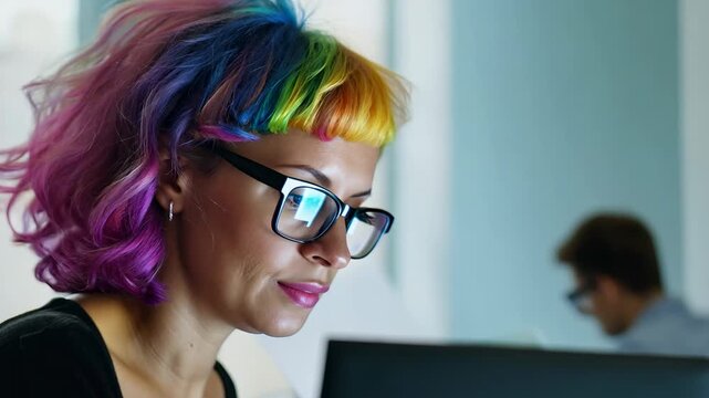 Young Caucasian woman with multi colored dread locks in front of laptop monitor in office. The woman focuses on a project, her multi-colored dreadlocks framing her face in the office.