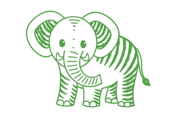 A green outline of a baby elephant stands on a white background