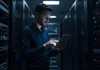 IT Technician Inspecting Server Racks with Tablet in Data Center - Server Room Maintenance and Data Security