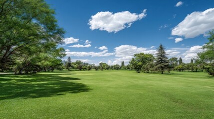 Expansive lush green park with tall trees under a bright blue sky with white clouds.