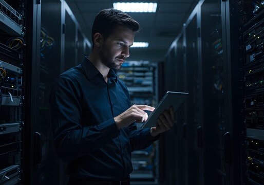 IT Technician Inspecting Server Racks with Tablet in Data Center - Server Room Maintenance and Data Security