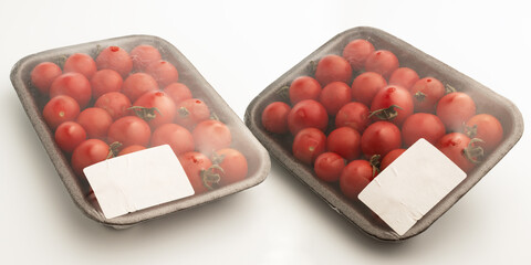 Packages of cherry tomatoes. Advertising banner for food products