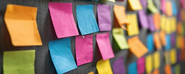 Obraz premium Close-up of colorful sticky notes arranged in a pattern on a wall, showcasing vibrant hues and various sizes for brainstorming and organization