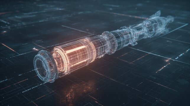 Futuristic 3D Visualization of a High-Tech Device in a Digital Space with Neon Lighting Effects and Wireframe Design - Powered by Adobe