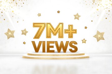 Golden 7 million views celebration with stars and confetti isolated on white background