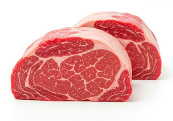 Obraz premium Two raw ribeye steaks with marbling on white background