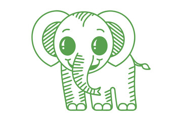 An adorable green elephant with large eyes and a curled trunk stands smiling cheerfully