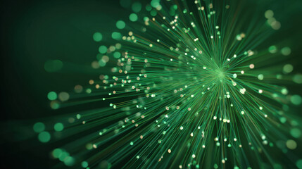 Radial green glowing rays with bokeh circles on dark gradient background for big data visualization and green tech wallpaper