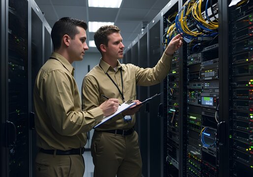 IT Professionals Troubleshooting Server Racks in Data Center Network Technicians Examining Cables.