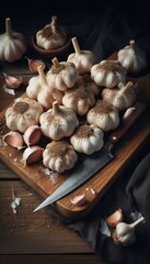 Garlic spices wooden table fresh vegetables ingredients cooking food