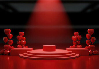 Red heart balloons and circular stage under spotlight