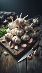 Garlic fresh vegetables cooking ingredients wooden table