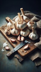 Garlic fresh vegetables tasty wooden table