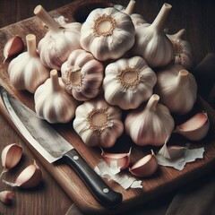 Garlic on a wooden background fresh and knife concept spices