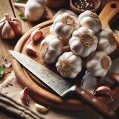 Garlic and spices on wooden background fresh ingredients concept