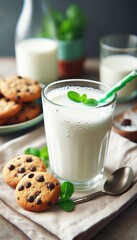 Glass of milk and oatmeal cookies fresh drink snack food