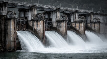 Water Release from Hydroelectric Dam with Dramatic Water Flow and Engineering Structures in Scenic Nature Setting